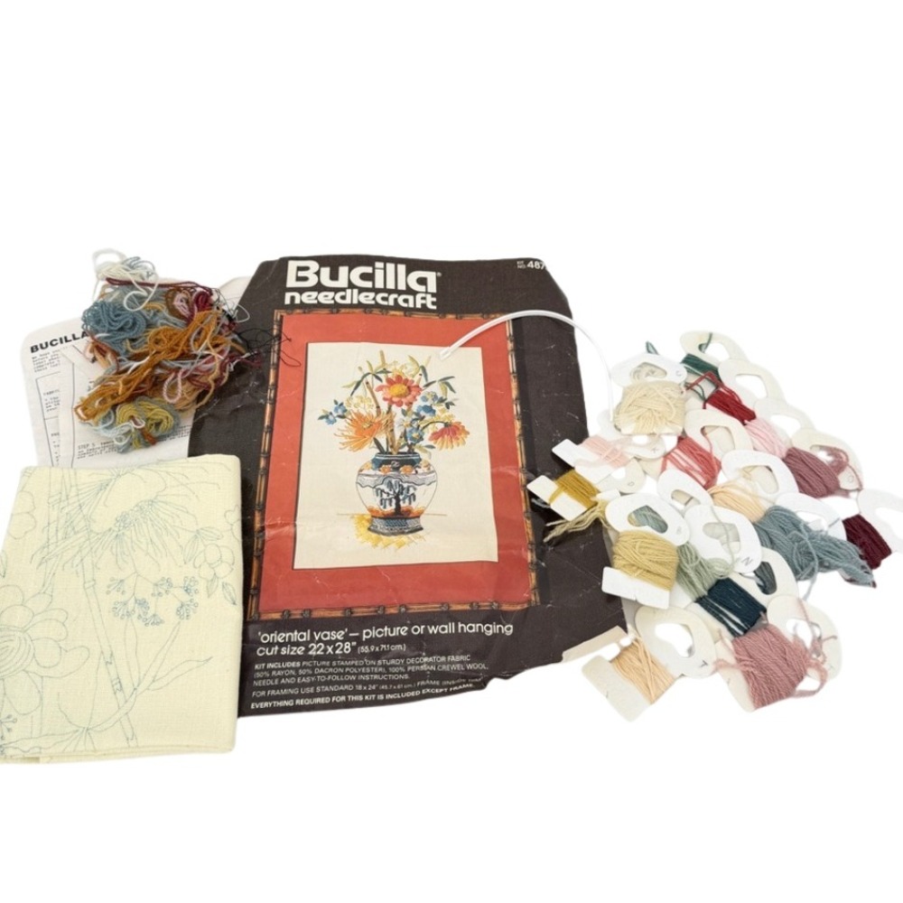 Bucilla Oriental Vase Crewel Embroidery‎ Kit Floral Wall Art DIY 48734 22x28 VTG